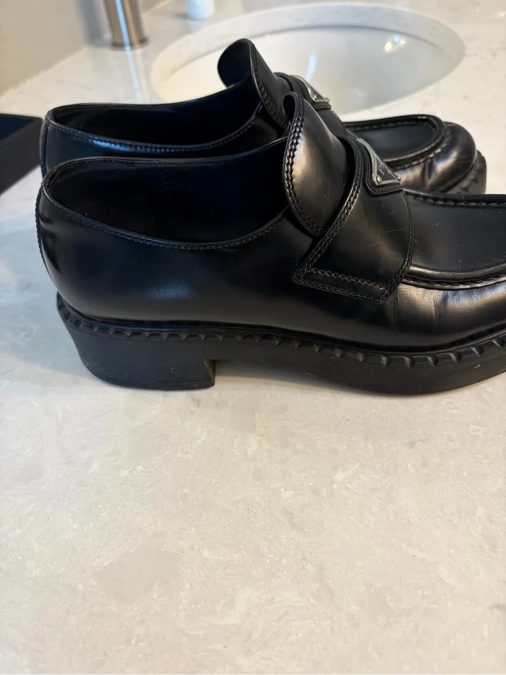 Prada Black Patent Platform Logo Loafers with Triangular Plaque